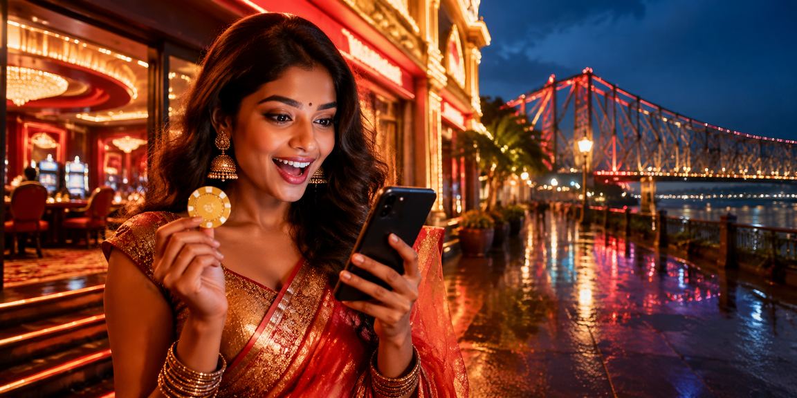 Kolkata Howrah Bridge evening cityscape with mobile casino theme
